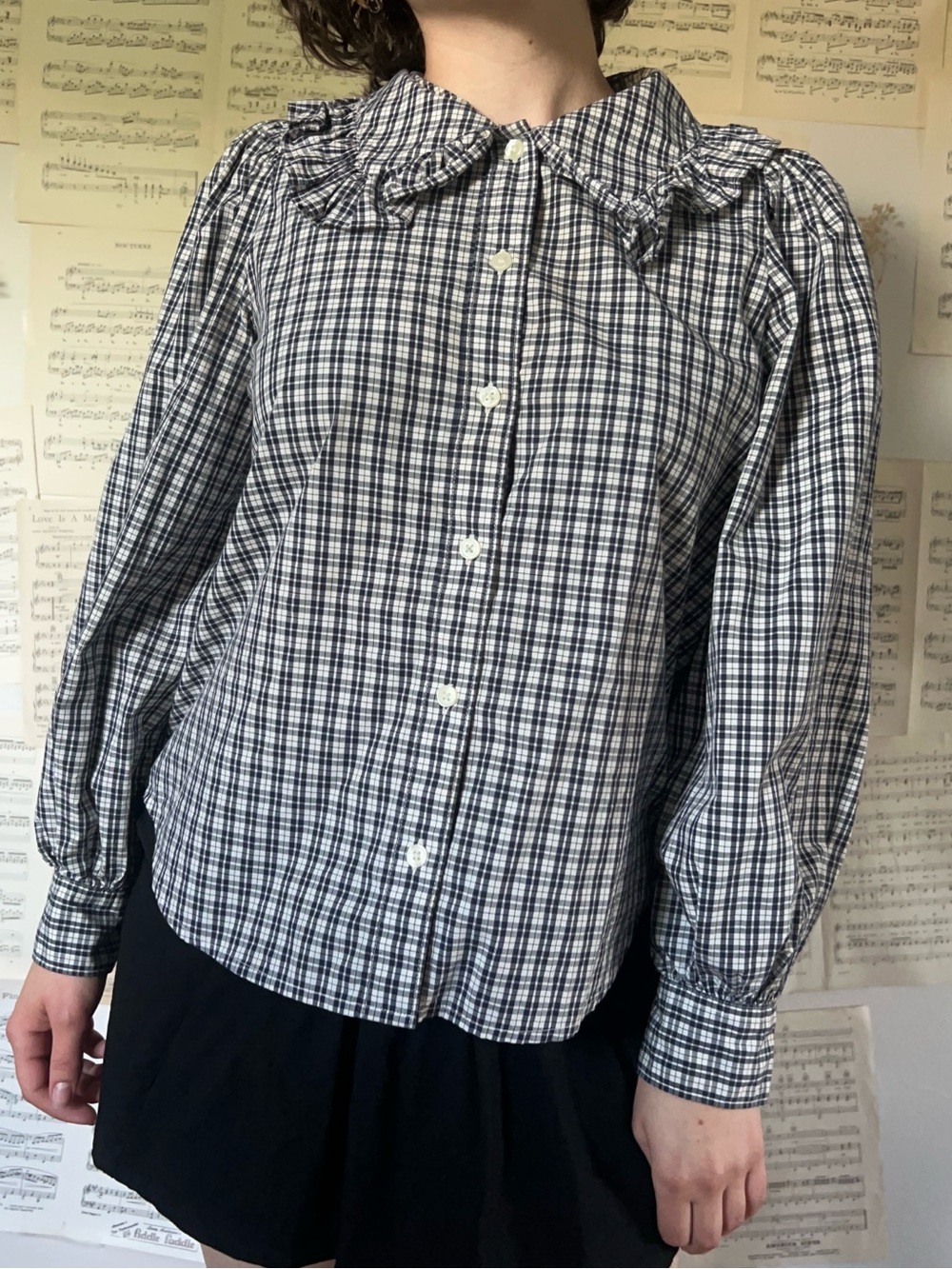 Levi's Black and White Checked Ruffle Collar Button-Down Shirt